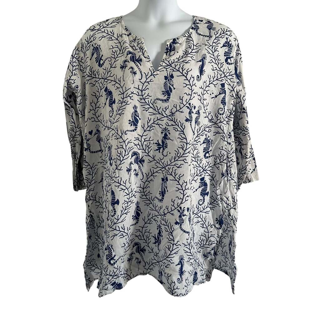 Gretchen Scott swim suit cover up women's size 1X 3/4 sleeve seahorse print